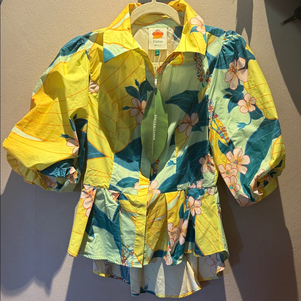Farm Rio Nwt Small Yellow & Teal Floral Puff-Sleeve “Petra” Blouse